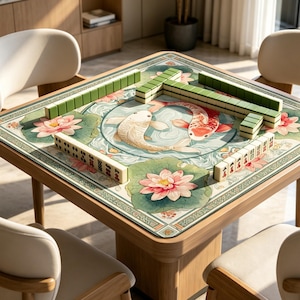 May include: A square mahjong table mat featuring a central circular illustration of two koi fish swimming in water, surrounded by pink lotus flowers and green lily pads. The mat is bordered by a decorative pattern and holds green and white tiles.