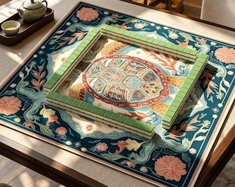 Sea Turtle Mahjong Mat, Vintage Coastal Mahjong Table Mat, Ocean Turtle Game Mat, Non Slip Jacquard Board Game Mat, Nautical Gift