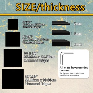 May include: Image showing black square mats with hemmed edges in various sizes: 21"x21", 31"x31", 34"x34", and 39"x39". The image also displays the thickness of the mats: 2mm, 3mm, and 4mm. Text indicates all mats have rounded corners.