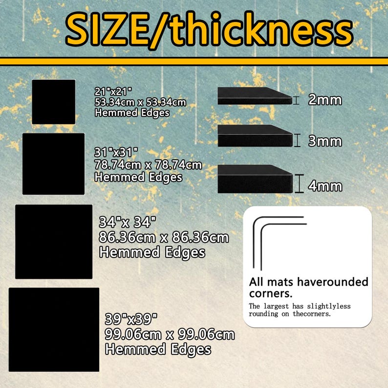 May include: Image showing black square mats with hemmed edges in various sizes: 21"x21", 31"x31", 34"x34", and 39"x39". The image also displays the thickness of the mats: 2mm, 3mm, and 4mm. Text indicates all mats have rounded corners.