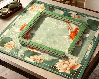 Koi Fish Mahjong Mat, Lotus Pond Mahjong Table Mat, Sage Green Oriental Game Mat, Non Slip Jacquard Board Game Mat Gift