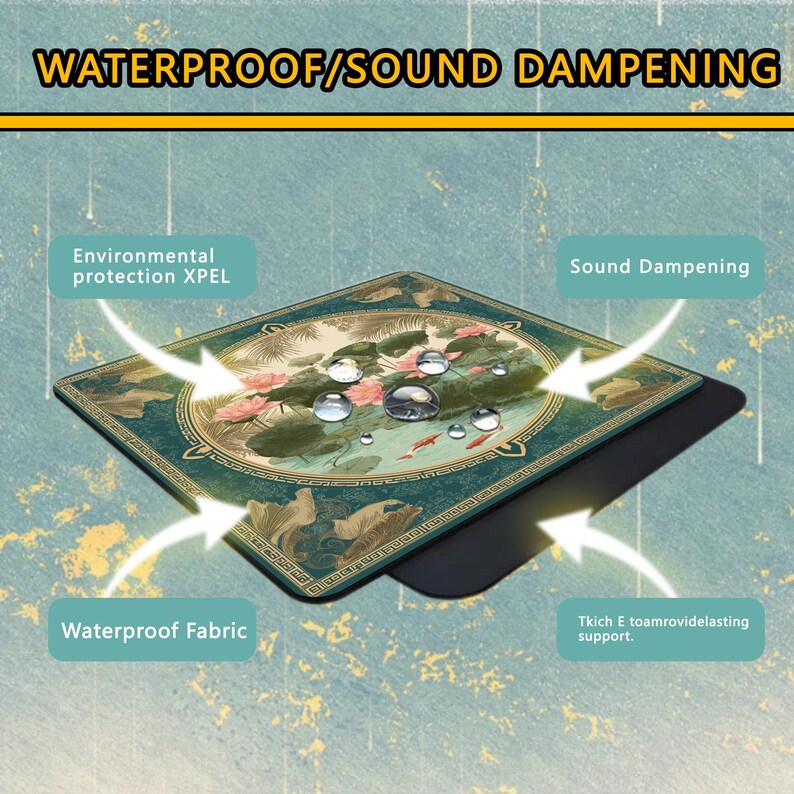 May include: A square, decorative mat with a floral design featuring pink flowers and koi fish. The mat is green and gold with a black backing. Text on the mat indicates it is waterproof and sound dampening.