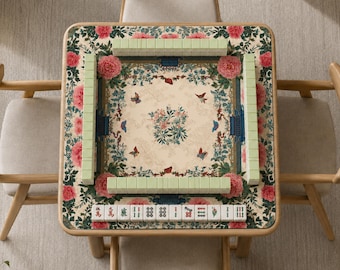 Chinoiserie Peony Mahjong Mat, Vintage Floral Bird Game Mat, Oriental Garden Non Slip Mahjong Table Mat, Elegant Board Game Mat