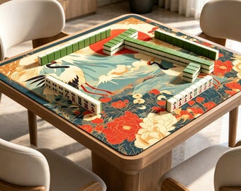 Red Sun Crane Mahjong Mat, Japanese Mountain Game Mat, Non Slip Table Mat Gift