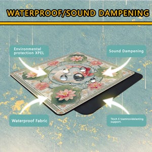 May include: A square desk mat featuring a koi fish and lotus flower pattern with water droplets on the surface. Text labels include WATERPROOF/SOUND DAMPENING, Environmental protection XPEL, Sound Dampening, Waterproof Fabric, and Tkich E foam.