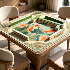 Puede incluir: Una mesa de mahjong cuadrada con un tapete verde claro que presenta un dise&ntilde;o de peces koi naranjas y blancos nadando entre flores de loto rosas. El tapete est&aacute; bordeado por patrones dorados y tiene filas de fichas de mahjong blancas y verdes.