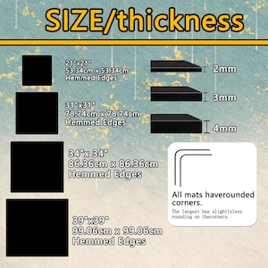 Puede incluir: Una tabla de tama&ntilde;os y grosores para alfombrillas cuadradas. Indica dimensiones de 53,34cm x 53,34cm, 78,74cm x 78,74cm, 86,36cm x 86,36cm y 99,06cm x 99,06cm con bordes dobladillados. Grosores de 2mm, 3mm y 4mm. Todas tienen esquinas redondeadas.
