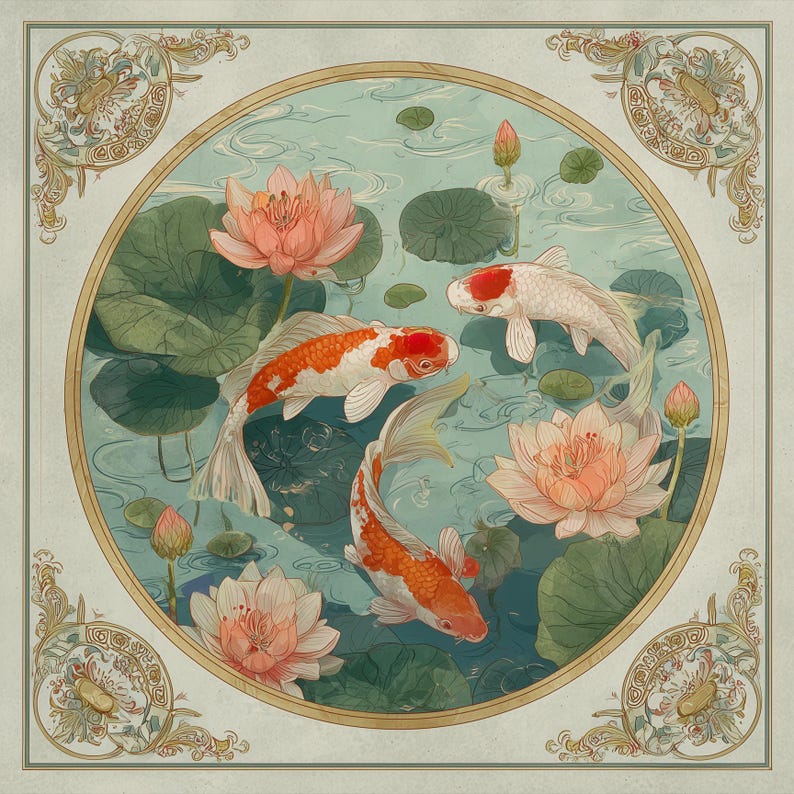 Puede incluir: Una impresi&oacute;n decorativa cuadrada con una escena central circular de tres peces koi nadando entre flores de loto rosadas y hojas de nen&uacute;far verdes en un estanque. Las esquinas est&aacute;n adornadas con patrones de filigrana dorada sobre fondo crema.