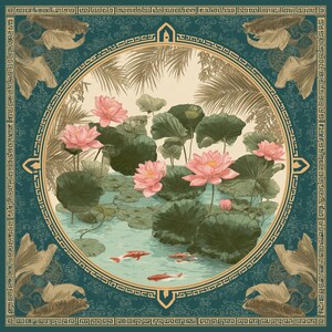 May include: Square teal scarf with a circular illustration of a pond with pink lotus flowers, lily pads, and koi fish. The illustration is framed by a gold border and surrounded by koi fish and decorative patterns.