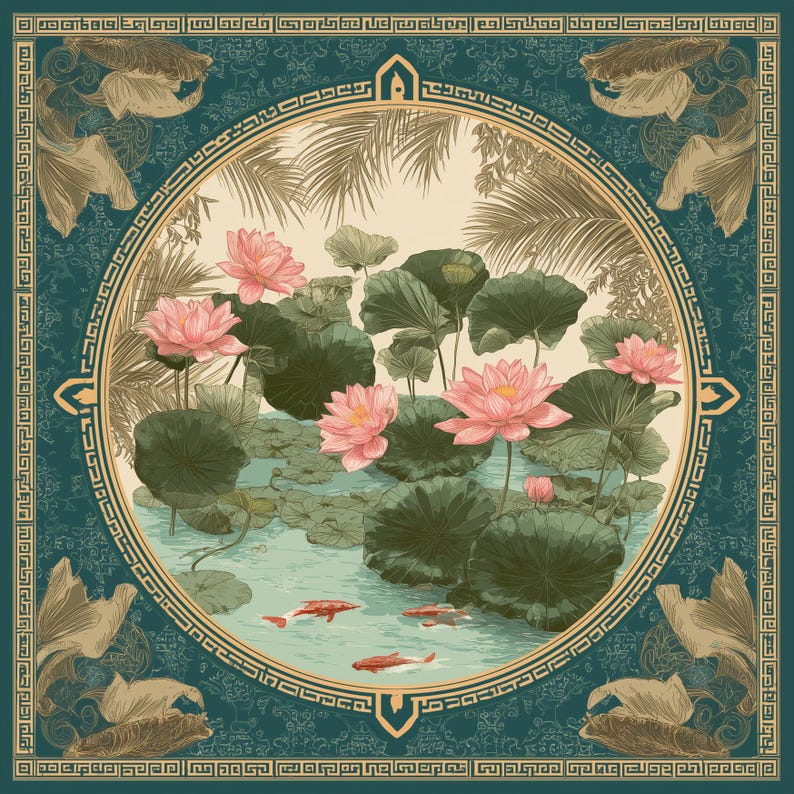May include: Square teal scarf with a circular illustration of a pond with pink lotus flowers, lily pads, and koi fish. The illustration is framed by a gold border and surrounded by koi fish and decorative patterns.