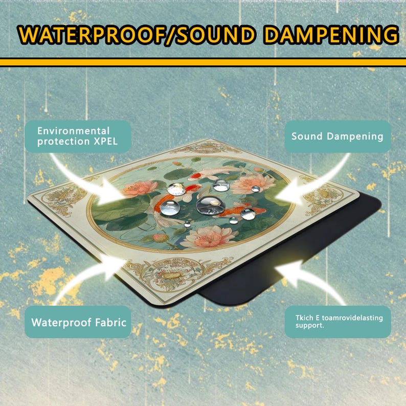 Puede incluir: Una alfombrilla de escritorio rectangular con una ilustraci&oacute;n circular de peces koi naranjas y flores de loto rosas. La superficie tiene gotas de agua y etiquetas de texto: WATERPROOF/SOUND DAMPENING, Environmental protection XPEL, Sound Dampening, Waterproof Fabric.