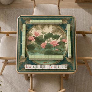 May include: A square mahjong table with a green and gold border. The center features a serene scene of pink lotus flowers, green lily pads, and a small pond. Light green mahjong tiles are arranged around the edges. The table is set on a light-colored rug.