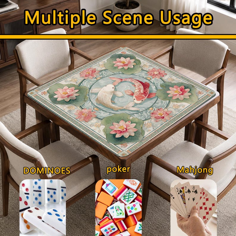 May include: A square wooden game table featuring a printed surface with two koi fish swimming in a circle surrounded by pink lotus flowers and green lily pads. The table is shown with four chairs and inset images of dominoes, mahjong tiles, and playing cards.