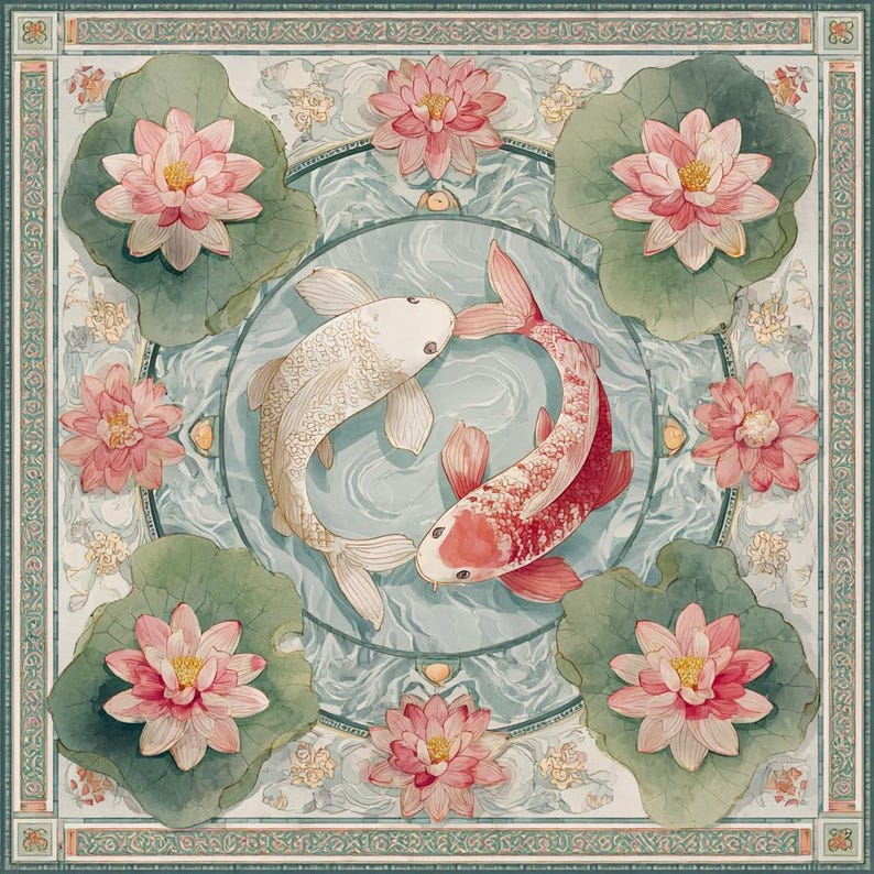 May include: A square decorative textile featuring a central circular pond with one white and one red koi fish swimming in a circle. The pond is surrounded by six pink lotus flowers on large green lily pads, all framed by a patterned border.