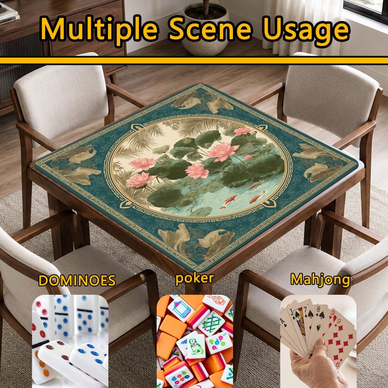 May include: A square wooden table with a decorative top featuring a floral design with pink lotus flowers, green lily pads, and koi fish. The table is surrounded by four chairs. The text "Multiple Scene Usage" is at the top.