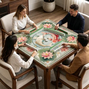 May include: A square wooden game table featuring a printed surface with a central circular design of two koi fish surrounded by pink lotus flowers and green lily pads. The table is set with rows of green and white mahjong tiles for four players.