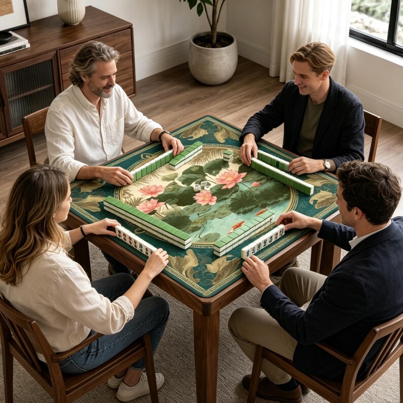 May include: Four people playing Mahjong around a square wooden table. The table has a green and floral patterned surface. Green and white tiles are arranged on the table. The players are seated on wooden chairs.