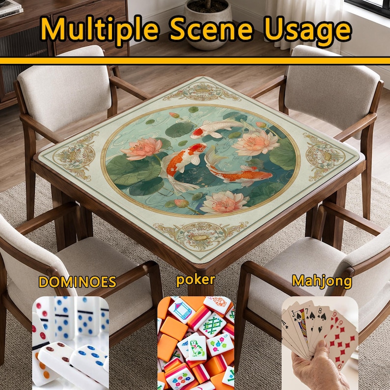 Puede incluir: Una mesa de juego cuadrada con una superficie clara que presenta una ilustraci&oacute;n circular de peces koi y flores de loto. La mesa est&aacute; rodeada por cuatro sillas. Los recuadros muestran domin&oacute;, fichas de mahjong y cartas de p&oacute;quer.
