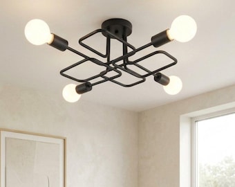 Loft-stijl kroonluchter 52x52 cm, 20 cm hoog. Industrieel metalen ontwerp met zichtbare lampen voor een warme, stijlvolle, stedelijke uitstraling. Handgemaakte kwaliteit.