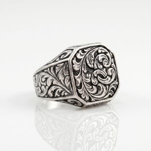 Kunstvoller Sterling Silber Siegelring, handgraviertes Blumenband, Unisex Schmuck