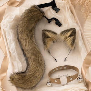 Set med rävöron och svans, fluffiga djurkostymtillbehör, pannband med kattöron i fuskpäls, cosplaysvans med klockhalsband, anime-outfitpresent