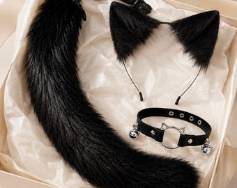 Black Cat Ears and Tail Set Fluffy Catgirl Cosplay Accessories, Faux Fur Kitty Costume Kit, Anime Halloween Party Outfit, Gothic Kawaii Gift