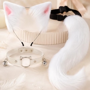 Kawaii vitt kattöron och svansset, fluffigt kattflicka cosplay-tillbehör, anime Kemonomimi-kostym, hårband med pälskling och halsband