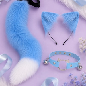 Fluffiga blå kattöron och svansset, kawaii rävsvans cosplay-tillbehör, anime Kemonomimi-kostym, pälskling med öron och halsband, klocka, presentset