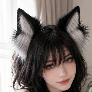 Puede incluir: Una diadema con dos grandes orejas de animal puntiagudas hechas de piel sintética negra y blanca. Las orejas tienen un borde exterior negro oscuro y una textura interior de pelo blanco más claro. La diadema es fina y de color negro.