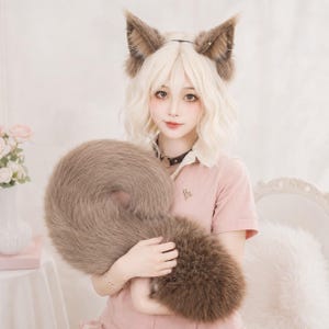 Peut inclure: Un ensemble composé d'oreilles d'animal en fausse fourrure sur un serre-tête et d'une grande queue en fausse fourrure marron assortie. Les oreilles présentent une fourrure marron et beige avec de petits anneaux argentés sur les bords.