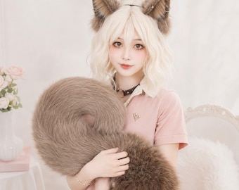 Braunes Eichhörnchen Ohren und Schwanz Set, Kunstpelz Kemonomimi Stirnband, Riesen Ringelschwanz, Cosplay für Halloween, LARP, Anime und Ren Faire.