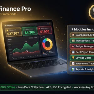 Op de afbeelding: Een laptopscherm toont de interface van de "Finance Pro" software, met financiële gegevens met grafieken en cijfers. De interface bevat een zijpaneel met zeven modules. De software wordt geadverteerd als 100% offline en versleuteld.