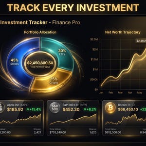 Puede incluir: Un panel de seguimiento de inversiones titulado Finance Pro con un gr&aacute;fico de anillo brillante en azul, turquesa y dorado, un gr&aacute;fico de l&iacute;neas dorado para la trayectoria del patrimonio neto y tres tarjetas de activos para Apple, S&P 500 y Bitcoin.