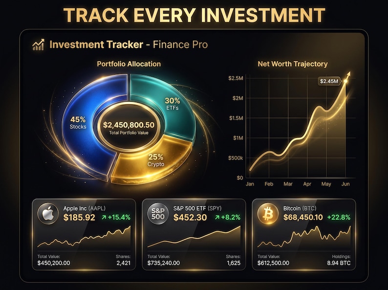 Puede incluir: Un panel de seguimiento de inversiones titulado Finance Pro con un gr&aacute;fico de anillo brillante en azul, turquesa y dorado, un gr&aacute;fico de l&iacute;neas dorado para la trayectoria del patrimonio neto y tres tarjetas de activos para Apple, S&P 500 y Bitcoin.