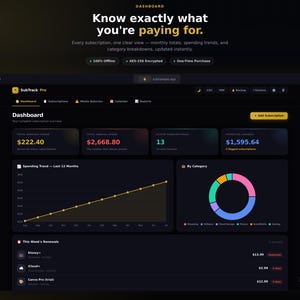 SubTrack Pro — Subscription Tracker App | Recurring Bill Manager | Cancel Wasted Subscriptions | Offline HTML Web App | Instant Download