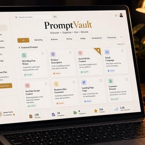Op de afbeelding: Een laptopscherm met de PromptVault-webinterface, voorzien van een dashboard met categorieën zoals Marketing, Business en Writing. De interface bevat een raster van promptkaarten voor SEO, sociale media en e-mailcampagnes met een gebruikersprofiel.