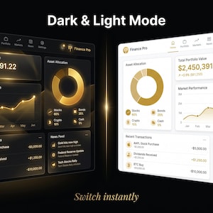 Puede incluir: Una interfaz de panel financiero digital mostrada en modos oscuro y claro, con el texto Finance Pro, Total Portfolio Value, Asset Allocation, Market Performance y Recent Transactions con acentos dorados y gr&aacute;ficos de datos.