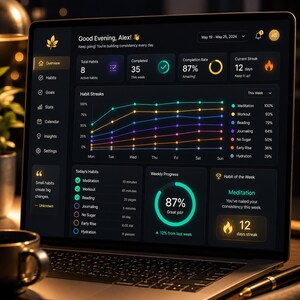 May include: A laptop screen displaying a dark-themed habit tracking dashboard with a line graph showing weekly progress, a list of daily habits, a completion rate of 87 per cent, and a current streak of 12 days, featuring text like Good Evening Alex.