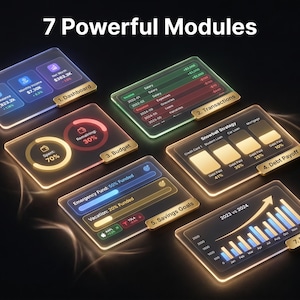 Puede incluir: Una pantalla digital titulada 7 Powerful Modules que presenta siete paneles rectangulares brillantes. Estos paneles muestran datos financieros, incluyendo un panel de control KPI, registros de transacciones, c&iacute;rculos presupuestarios y reportes.
