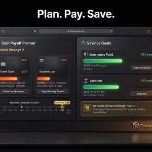 Puede incluir: Una interfaz de panel digital titulada Plan. Pay. Save. que presenta un planificador de pago de deudas con estrategia de bola de nieve, barras de progreso de pr&eacute;stamos y una secci&oacute;n de objetivos de ahorro.