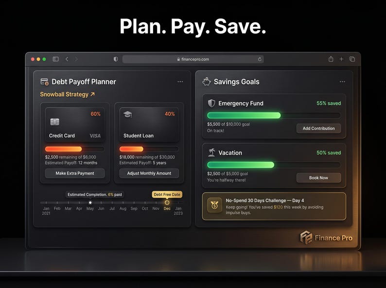Puede incluir: Una interfaz de panel digital titulada Plan. Pay. Save. que presenta un planificador de pago de deudas con estrategia de bola de nieve, barras de progreso de pr&eacute;stamos y una secci&oacute;n de objetivos de ahorro.