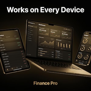 Puede incluir: Un ordenador port&aacute;til, una tableta y un tel&eacute;fono inteligente que muestran la interfaz del panel de control Finance Pro con temas oscuros, detalles dorados y gr&aacute;ficos de datos financieros. El texto Works on Every Device y Finance Pro es visible.