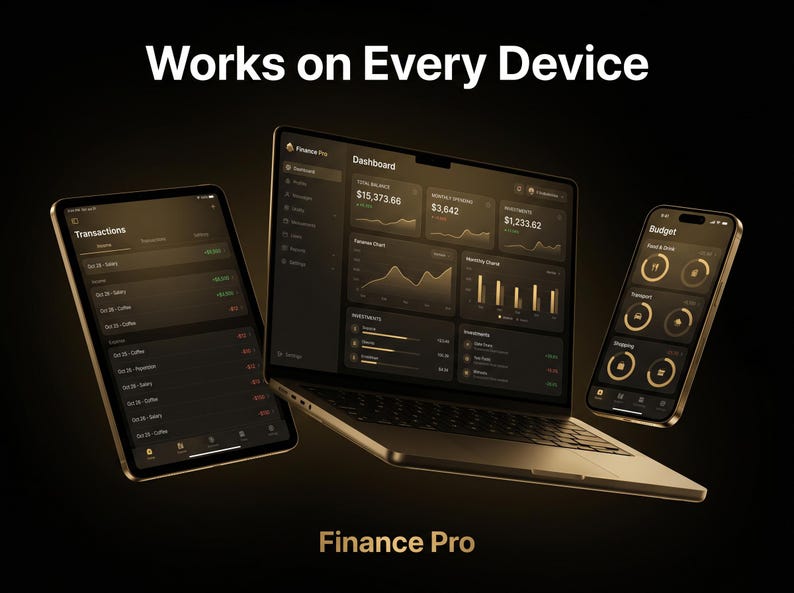 Puede incluir: Un ordenador port&aacute;til, una tableta y un tel&eacute;fono inteligente que muestran la interfaz del panel de control Finance Pro con temas oscuros, detalles dorados y gr&aacute;ficos de datos financieros. El texto Works on Every Device y Finance Pro es visible.