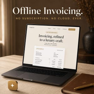 May include: A laptop displaying the LedgerPro website with the text Offline Invoicing. NO SUBSCRIPTION. NO CLOUD. EVER. The screen shows an invoice template with the heading Invoicing, refined to a luxury craft and a sample invoice document.