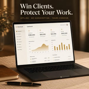 May include: A laptop displaying the ClientVault dashboard with financial data, charts, and project lists. The screen text reads: Win Clients. Protect Your Work. OFFLINE • NO SUBSCRIPTION • YOURS FOREVER. The interface features a clean, light-toned layout.