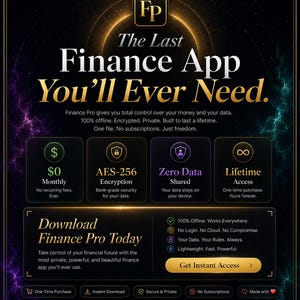 Puede incluir: Un anuncio digital para Finance Pro, una aplicaci&oacute;n de finanzas. El texto dice: The Last Finance App You'll Ever Need. Las caracter&iacute;sticas incluyen $0 en tarifas mensuales, cifrado AES-256, cero datos compartidos y acceso de por vida.