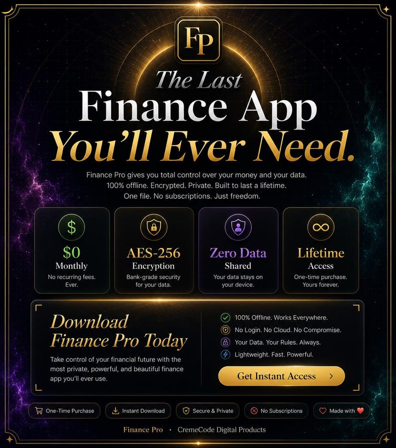 Puede incluir: Un anuncio digital para Finance Pro, una aplicaci&oacute;n de finanzas. El texto dice: The Last Finance App You'll Ever Need. Las caracter&iacute;sticas incluyen $0 en tarifas mensuales, cifrado AES-256, cero datos compartidos y acceso de por vida.