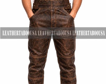 Herren Distressed Brown Echtleder Overall, Handgefertigte Latzhose, Rustikaler Western Stil