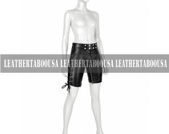 Men Genuine Leather Lace-Up Shorts Black High Waist Biker Shorts with Front Zipper