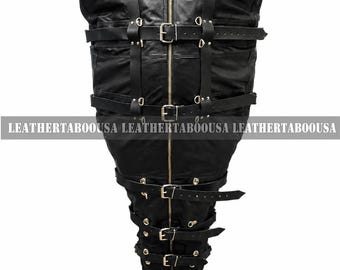 Black Leather Full Body Restraint Sleepsack with Buckle Straps and Front Zip Closure